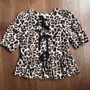 Monteau Leopard Print Puff Sleeve Peplum Top in Black, Brown, Cream